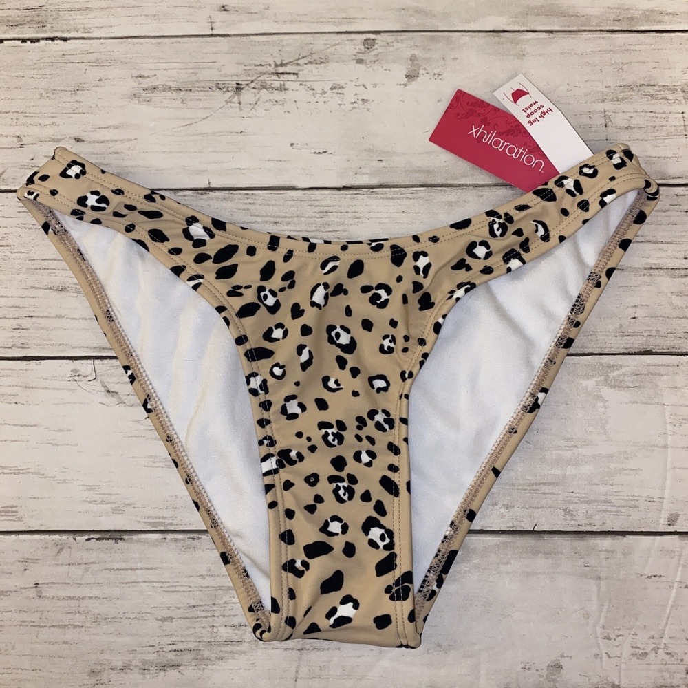Xhilaration Bikini Bottom Womens‎ Small Tan Black White Leopard Swim Scoop Waist